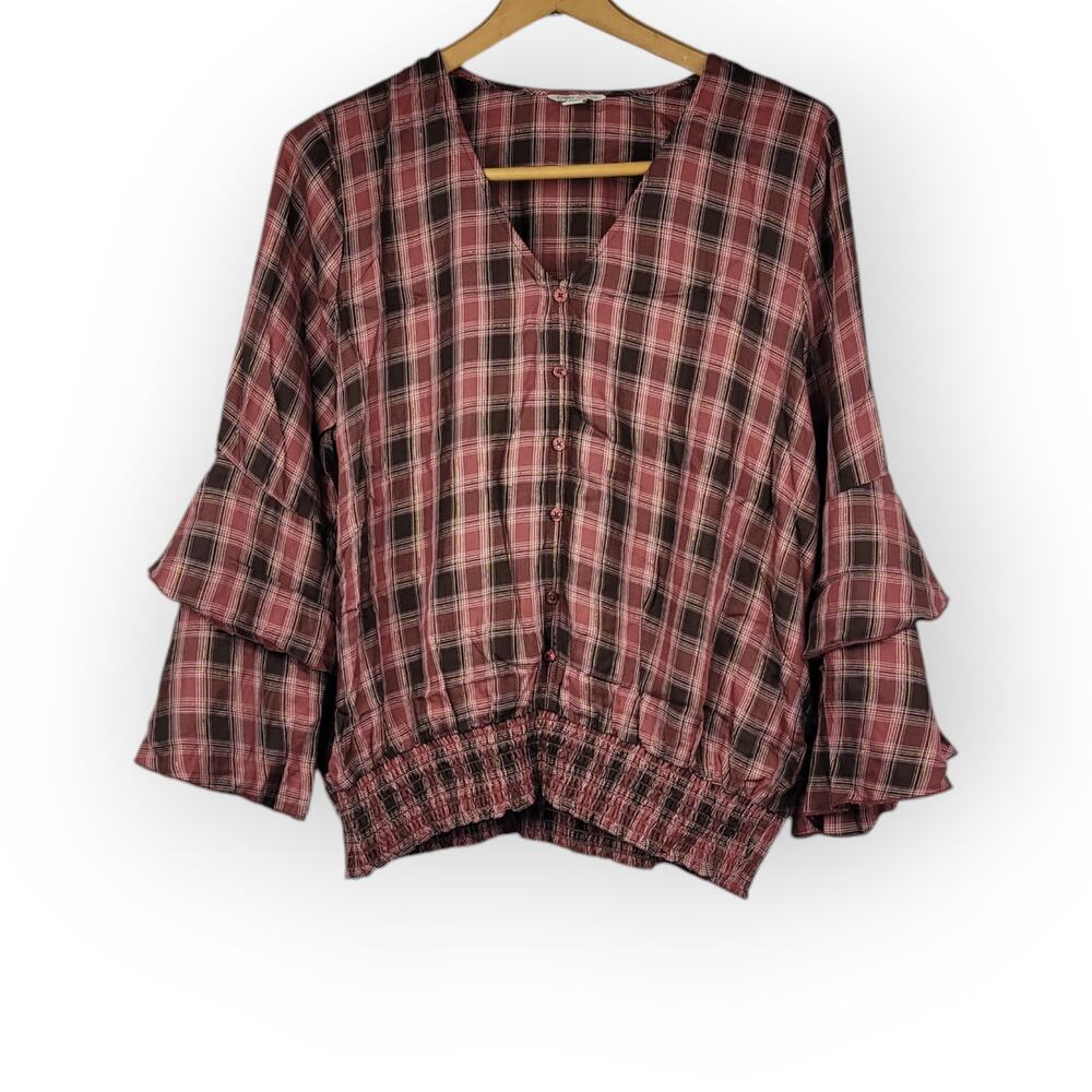 Cato Blouse V-neck Plaid Ruffle Bell Sleeves Plaid Elastic Waist Boho Shirt Sz L